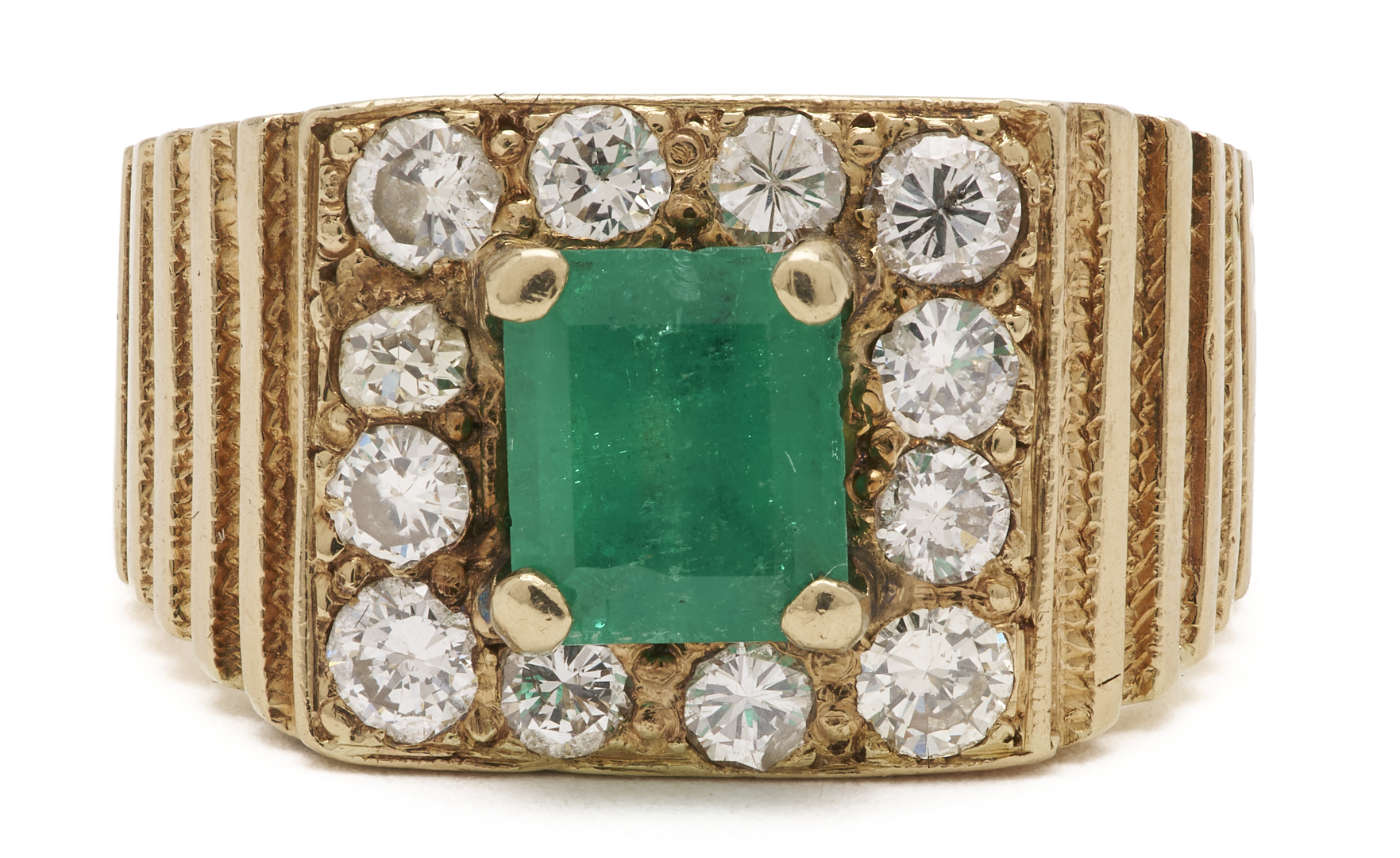 Lot 827: 14K Yellow Gold Natural Emerald & Diamond Ring