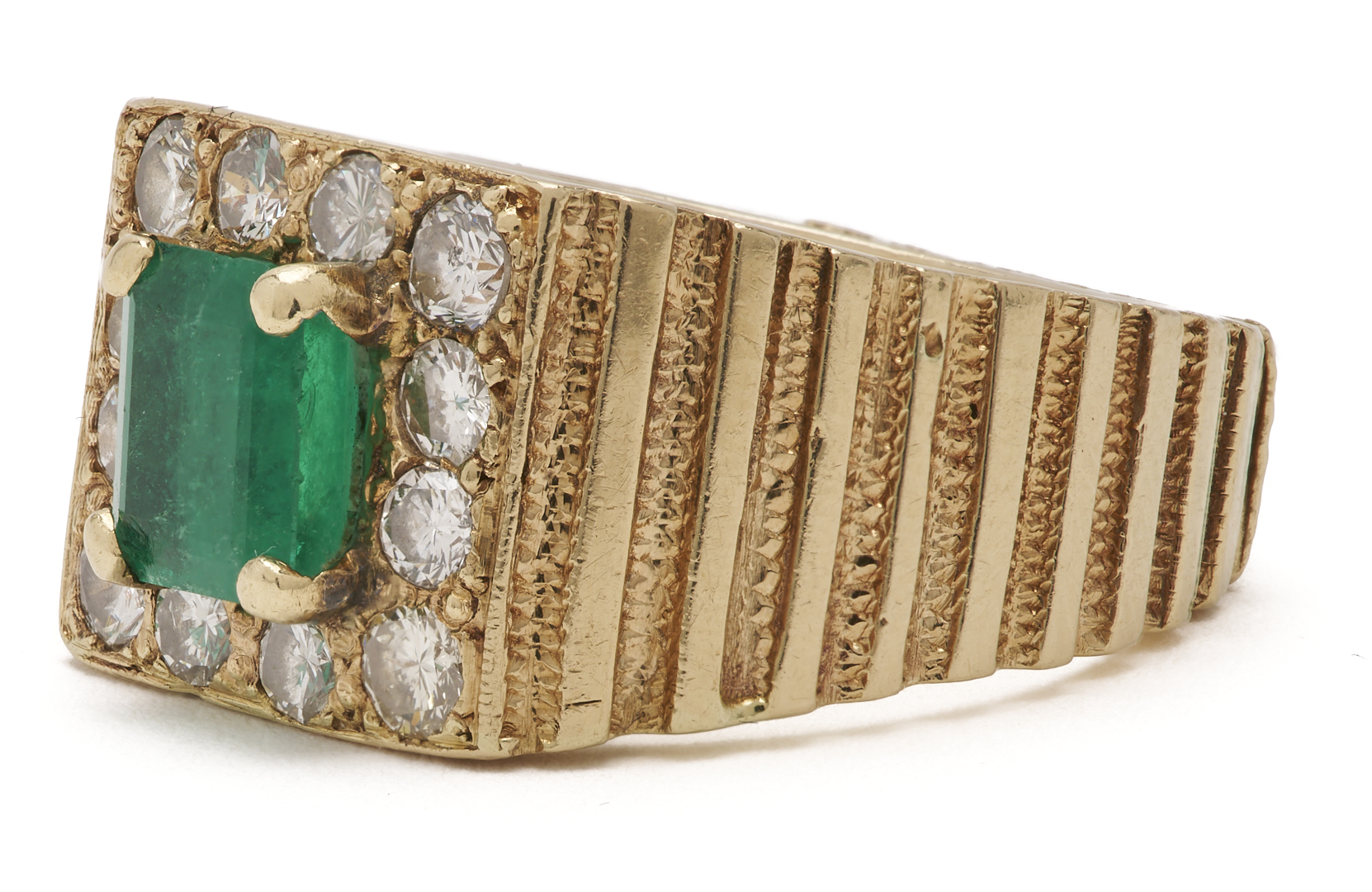 Lot 827: 14K Yellow Gold Natural Emerald & Diamond Ring