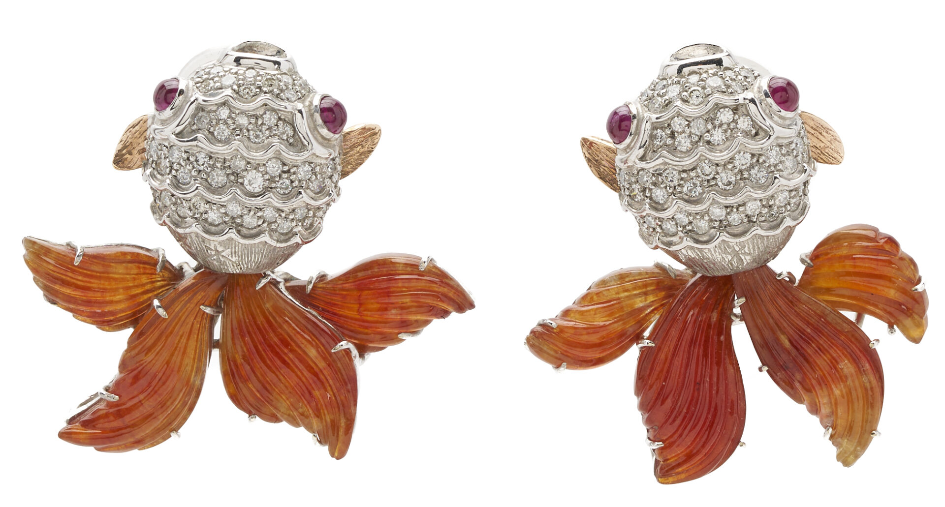 Lot 828: 10K White Gold Diamond & Jade Goldfish Earrings