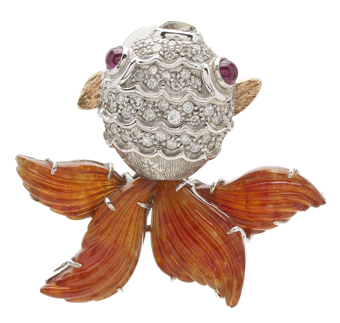 Lot 828: 10K White Gold Diamond & Jade Goldfish Earrings