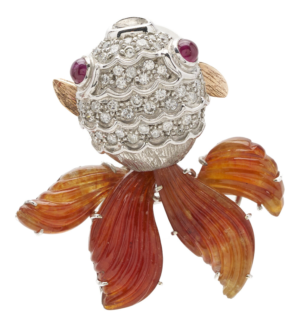 Lot 828: 10K White Gold Diamond & Jade Goldfish Earrings