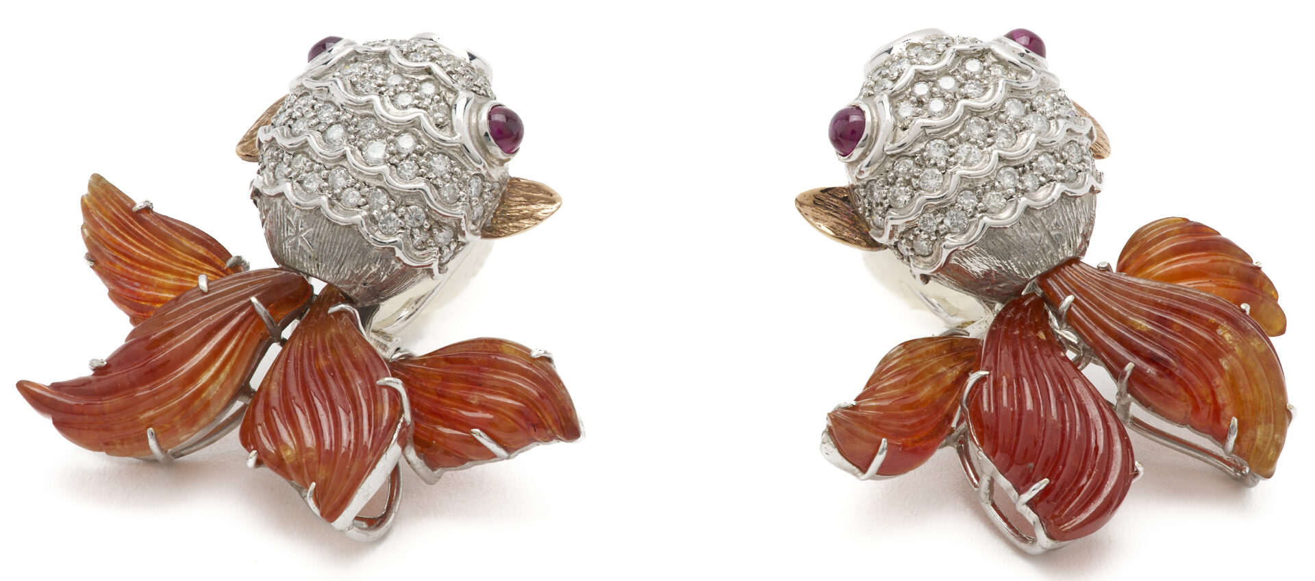 Lot 828: 10K White Gold Diamond & Jade Goldfish Earrings