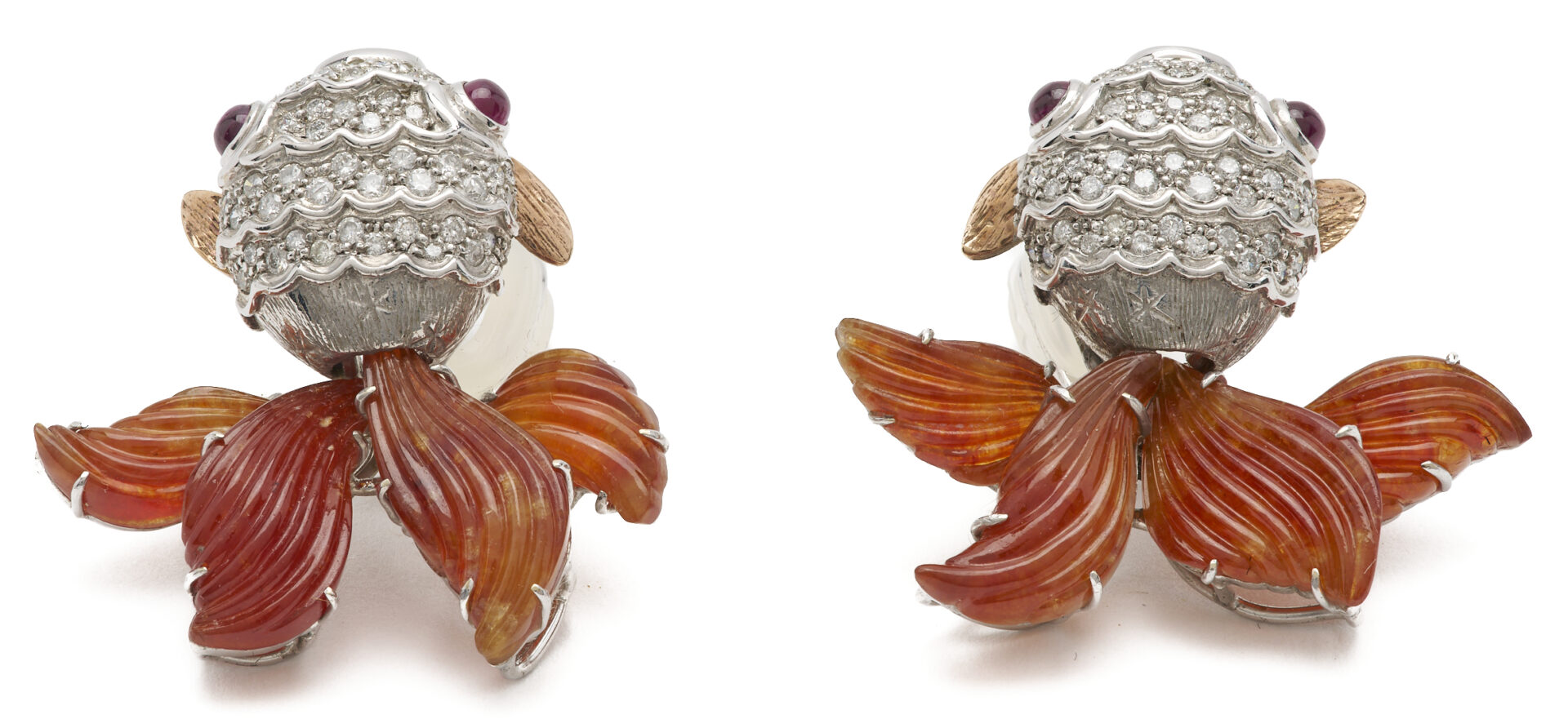 Lot 828: 10K White Gold Diamond & Jade Goldfish Earrings