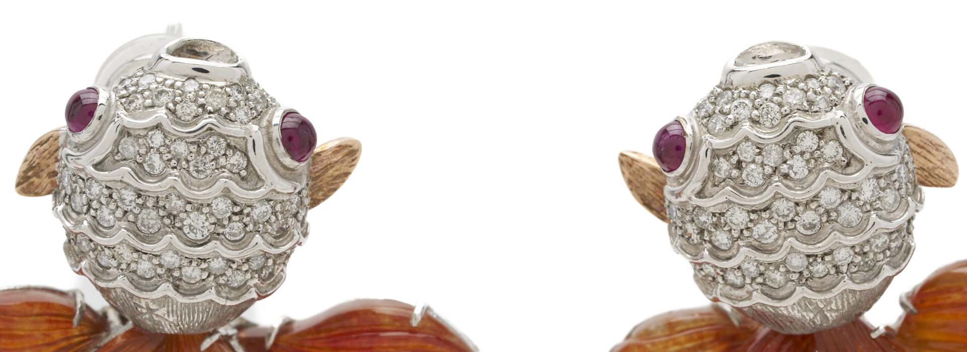 Lot 828: 10K White Gold Diamond & Jade Goldfish Earrings