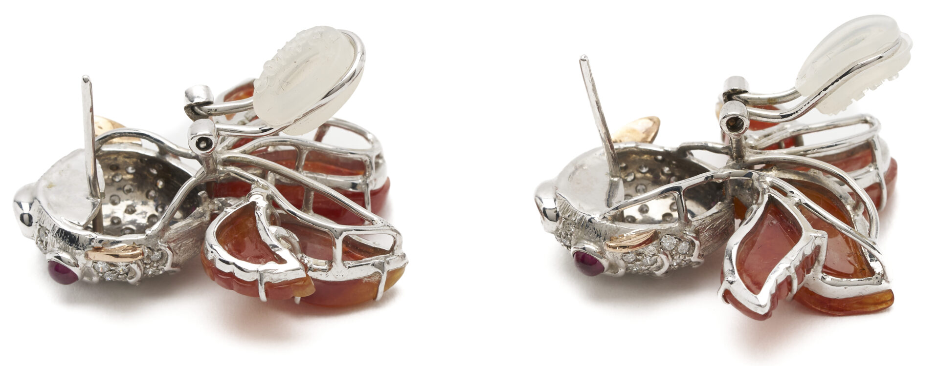 Lot 828: 10K White Gold Diamond & Jade Goldfish Earrings