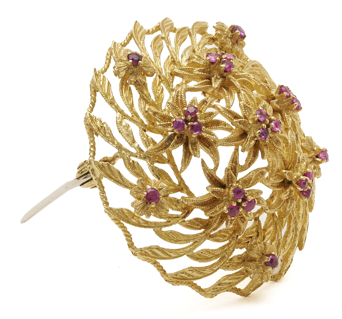 Lot 831: 18K Gold Floral Ruby Brooch