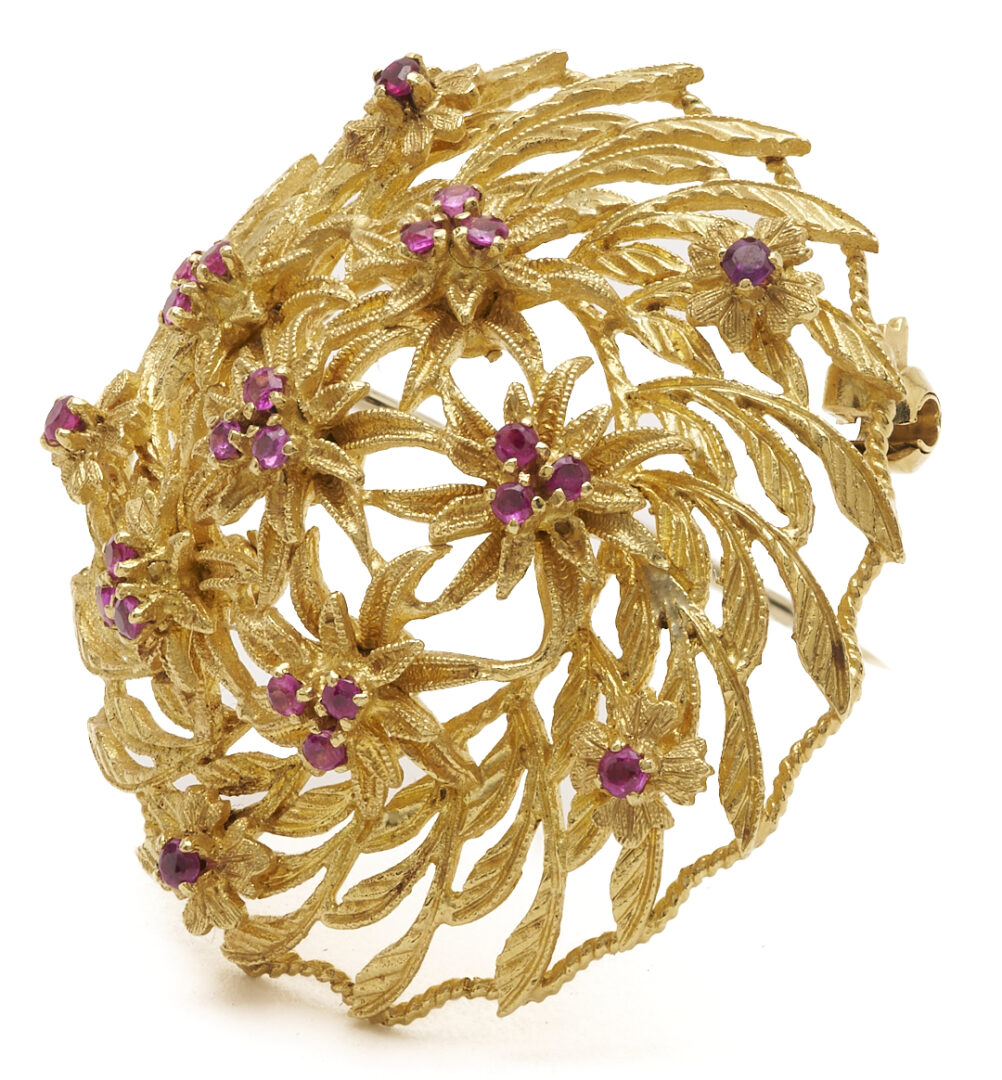 Lot 831: 18K Gold Floral Ruby Brooch