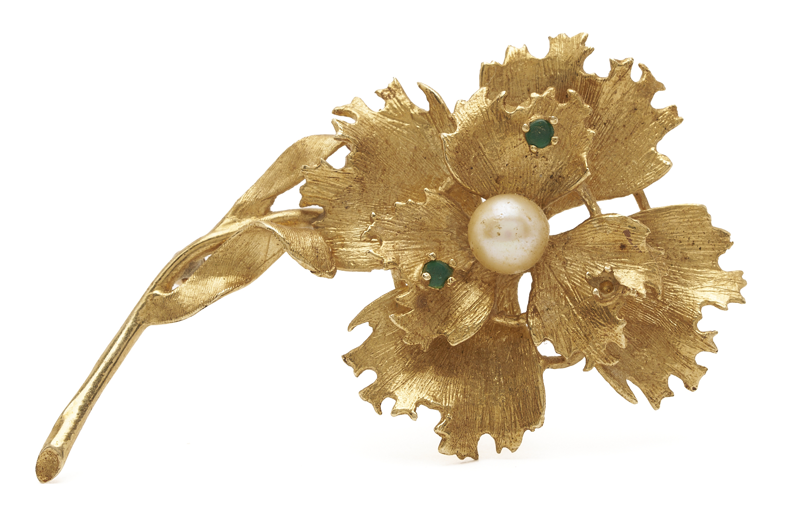 Lot 832: 14k Pearl & Emerald Brooch