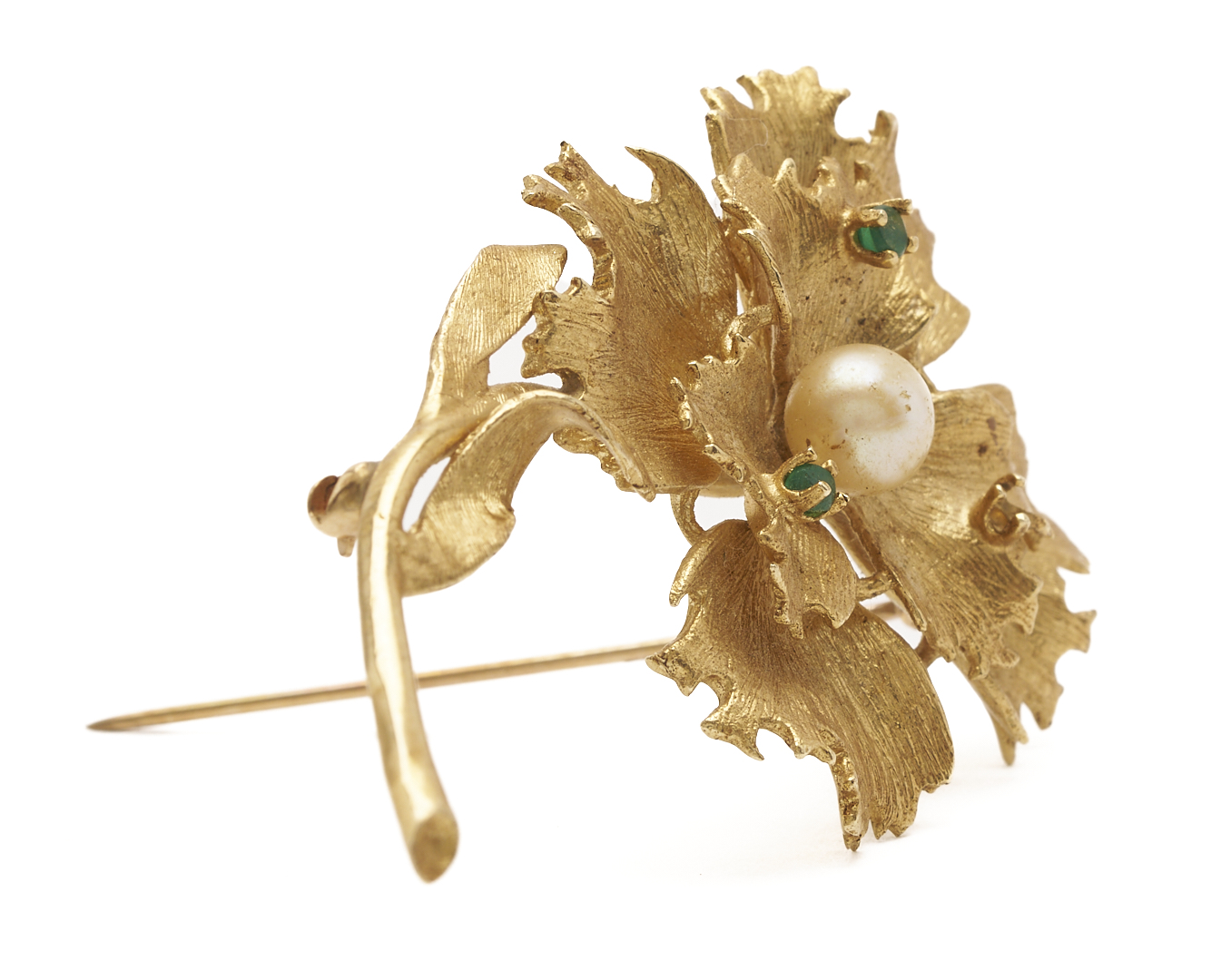 Lot 832: 14k Pearl & Emerald Brooch