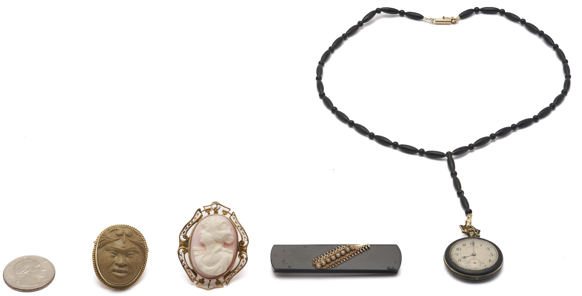 Lot 833: 4 Antique Jewelry Pieces: Longines Pocket Watch on Jet Chain, 2 Cameos, Onyx Bar Pin