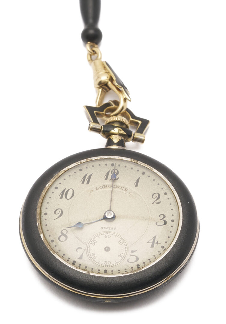 Lot 833: 4 Antique Jewelry Pieces: Longines Pocket Watch on Jet Chain, 2 Cameos, Onyx Bar Pin