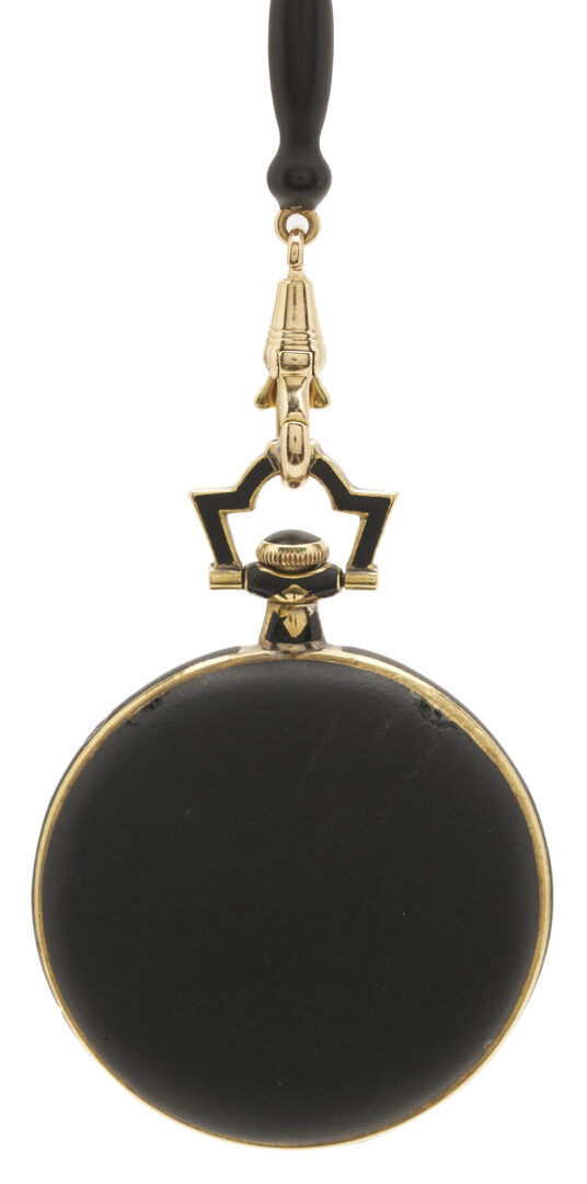 Lot 833: 4 Antique Jewelry Pieces: Longines Pocket Watch on Jet Chain, 2 Cameos, Onyx Bar Pin