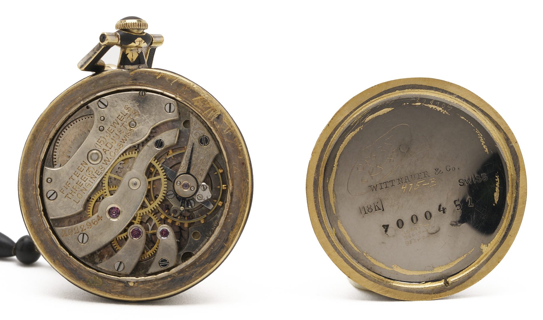 Lot 833: 4 Antique Jewelry Pieces: Longines Pocket Watch on Jet Chain, 2 Cameos, Onyx Bar Pin