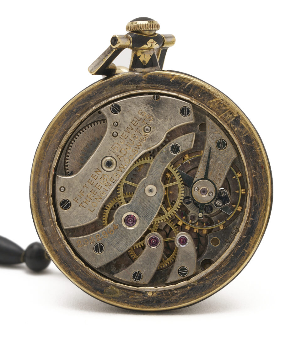 Lot 833: 4 Antique Jewelry Pieces: Longines Pocket Watch on Jet Chain, 2 Cameos, Onyx Bar Pin