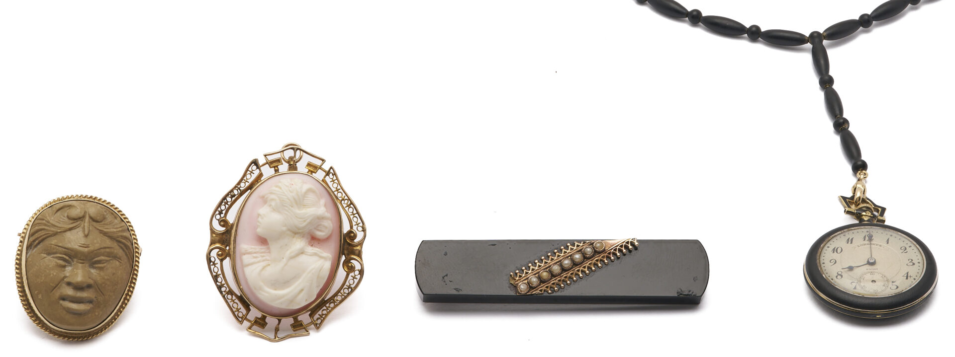 Lot 833: 4 Antique Jewelry Pieces: Longines Pocket Watch on Jet Chain, 2 Cameos, Onyx Bar Pin