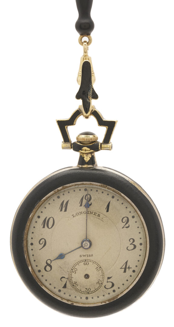 Lot 833: 4 Antique Jewelry Pieces: Longines Pocket Watch on Jet Chain, 2 Cameos, Onyx Bar Pin