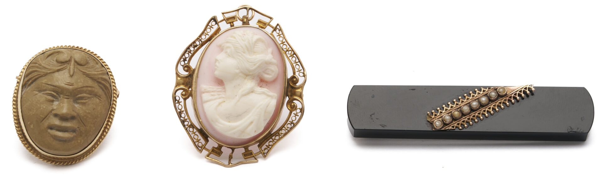 Lot 833: 4 Antique Jewelry Pieces: Longines Pocket Watch on Jet Chain, 2 Cameos, Onyx Bar Pin