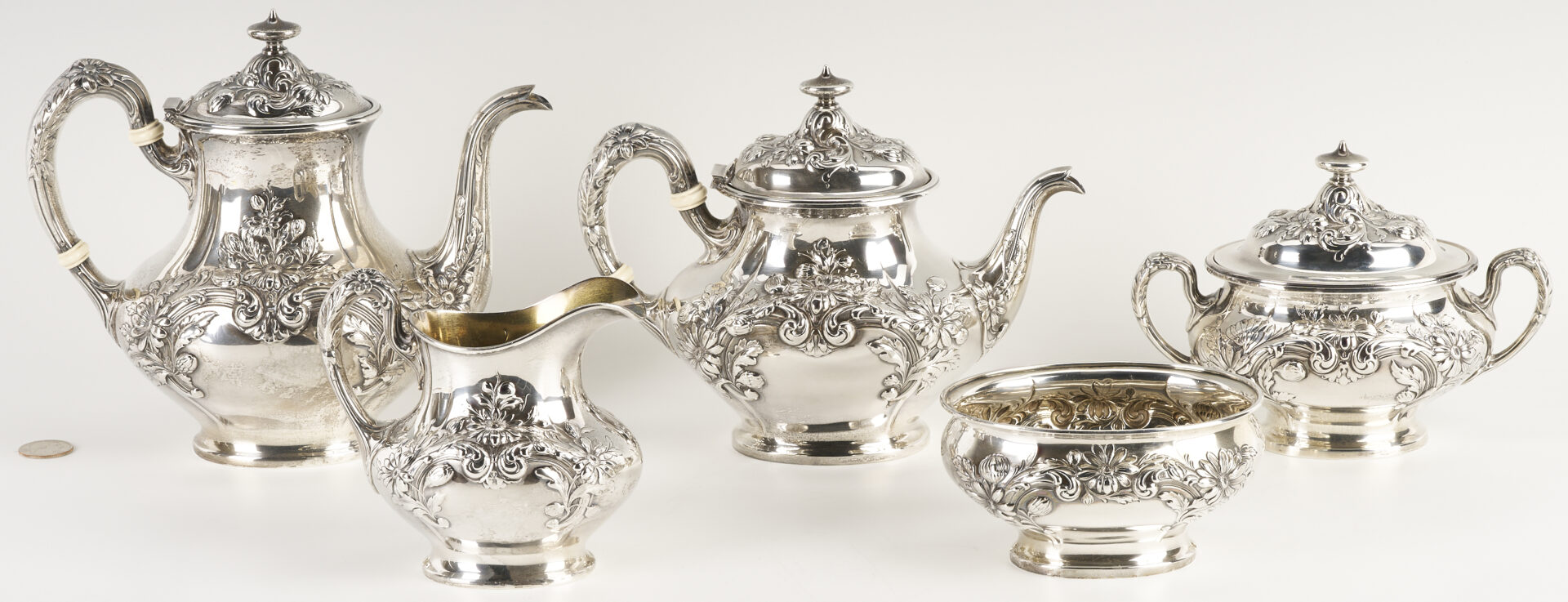 Lot 835: Gorham Marguerite Pattern Sterling Tea Set, 5 pcs