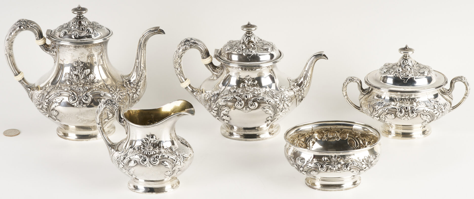 Lot 835: Gorham Marguerite Pattern Sterling Tea Set, 5 pcs