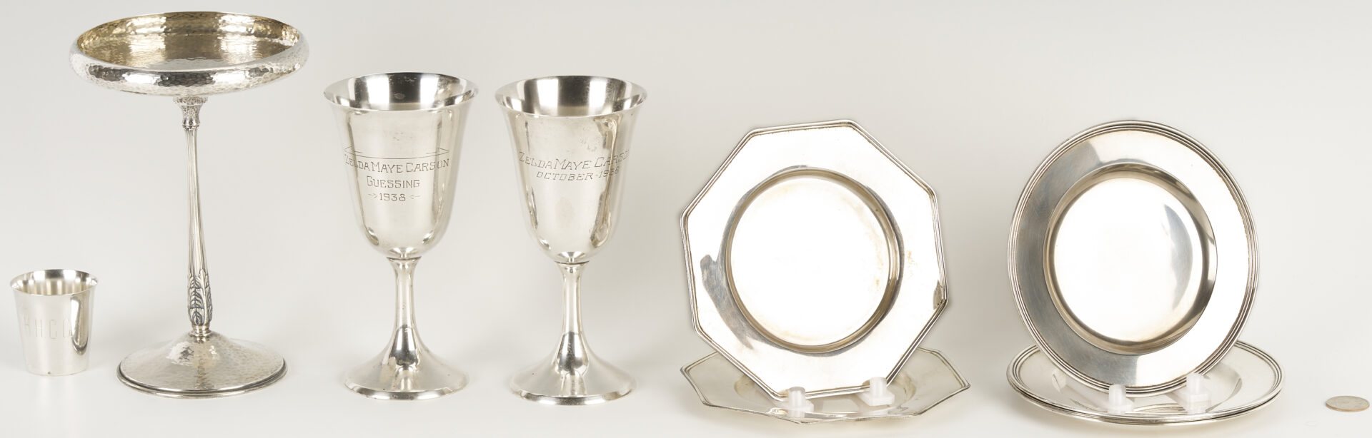 Lot 838: 10 Sterling Silver Items: Goblets, Bread Plates, Jigger, Compote