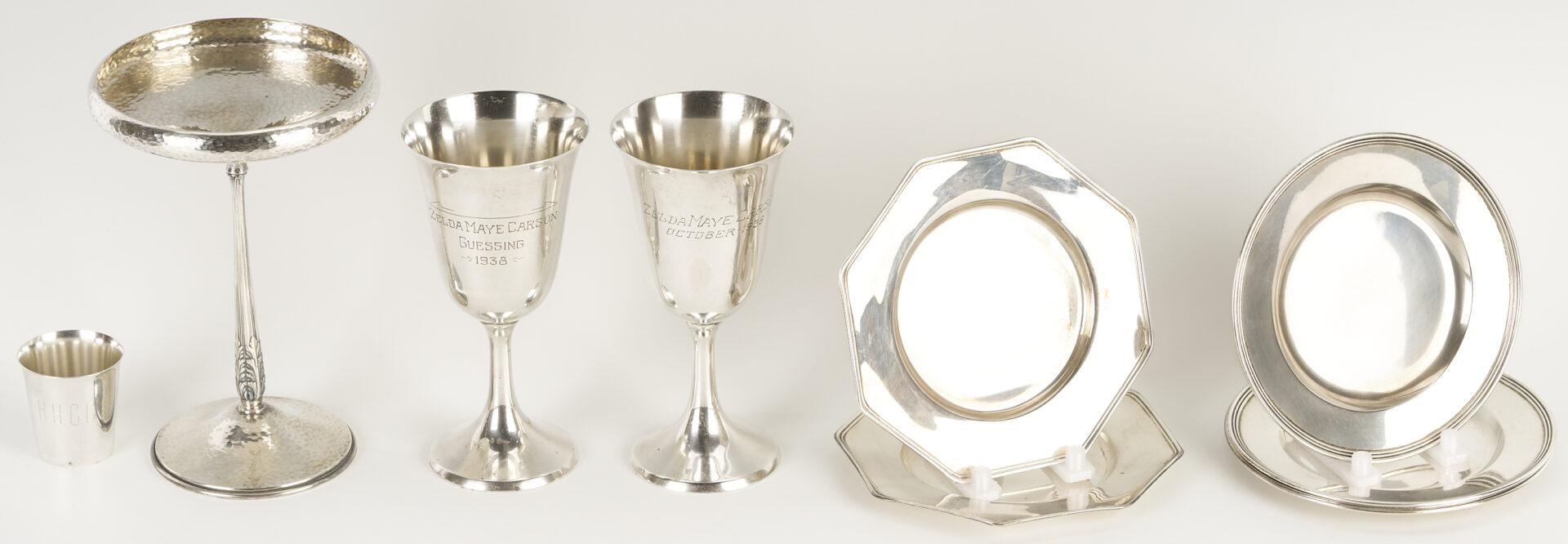 Lot 838: 10 Sterling Silver Items: Goblets, Bread Plates, Jigger, Compote