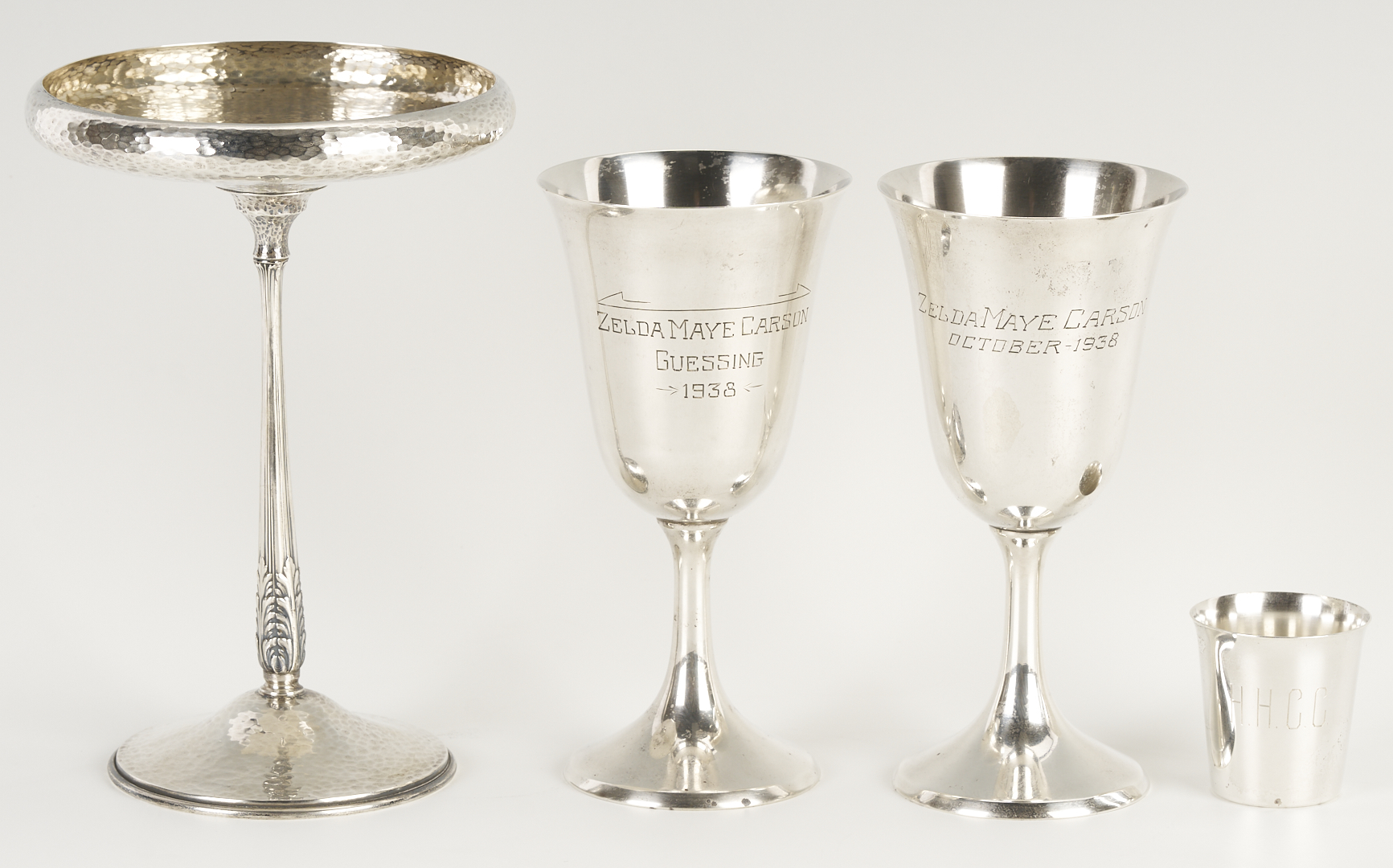 Lot 838: 10 Sterling Silver Items: Goblets, Bread Plates, Jigger, Compote