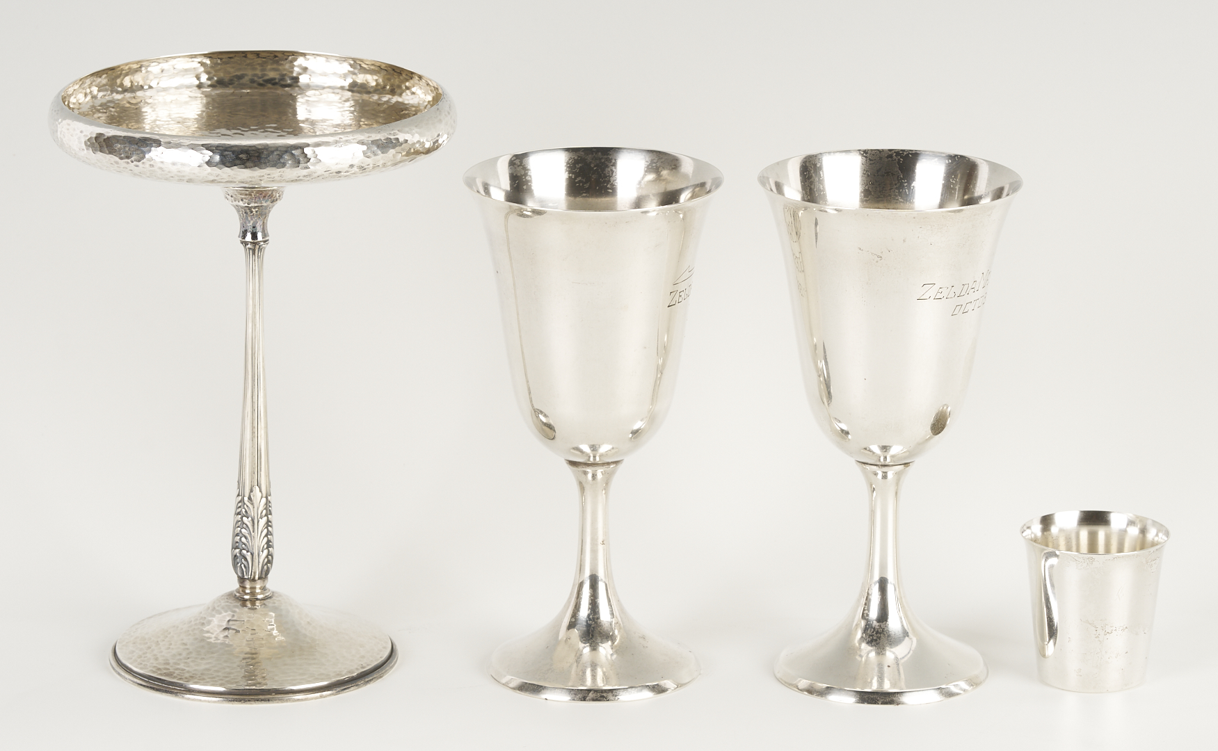 Lot 838: 10 Sterling Silver Items: Goblets, Bread Plates, Jigger, Compote