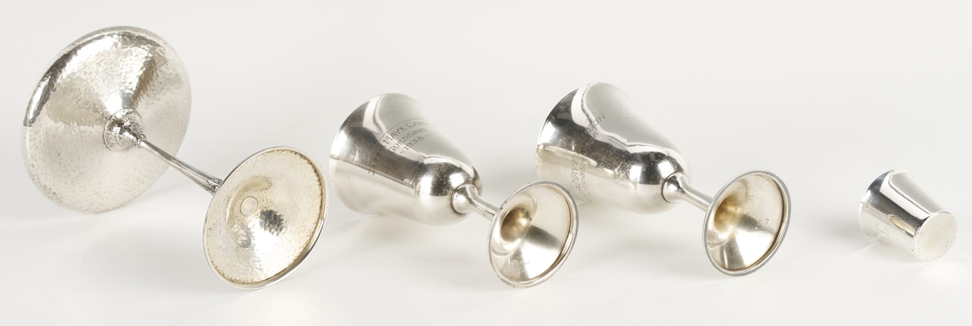 Lot 838: 10 Sterling Silver Items: Goblets, Bread Plates, Jigger, Compote