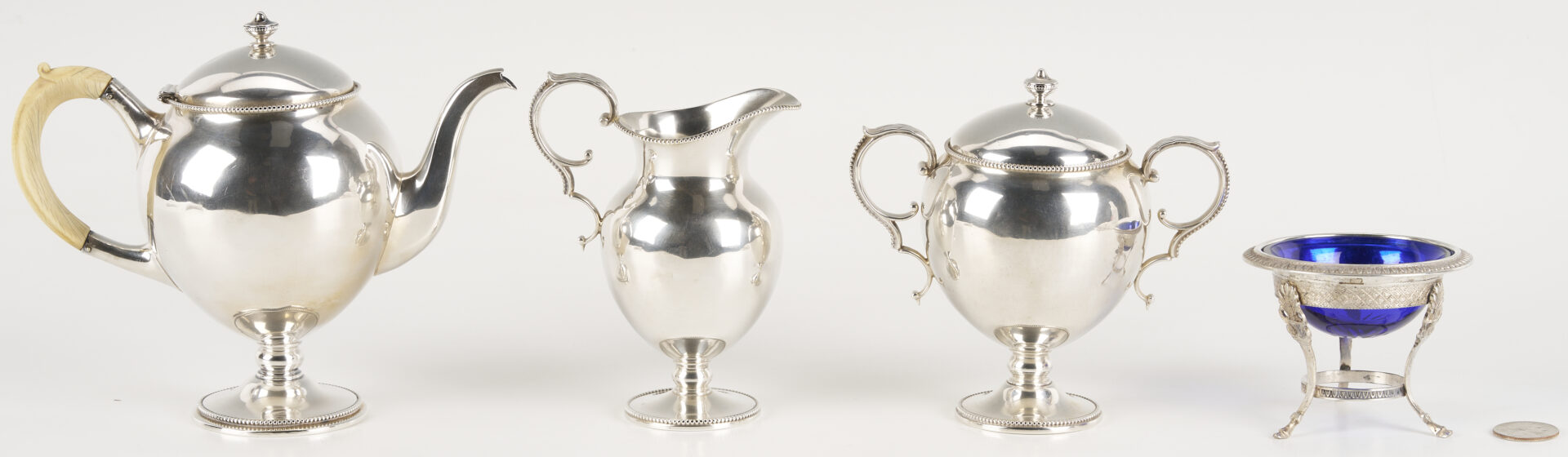 Lot 846: 3 pc Sterling Bachelor’s Tea Set plus Footed Salt