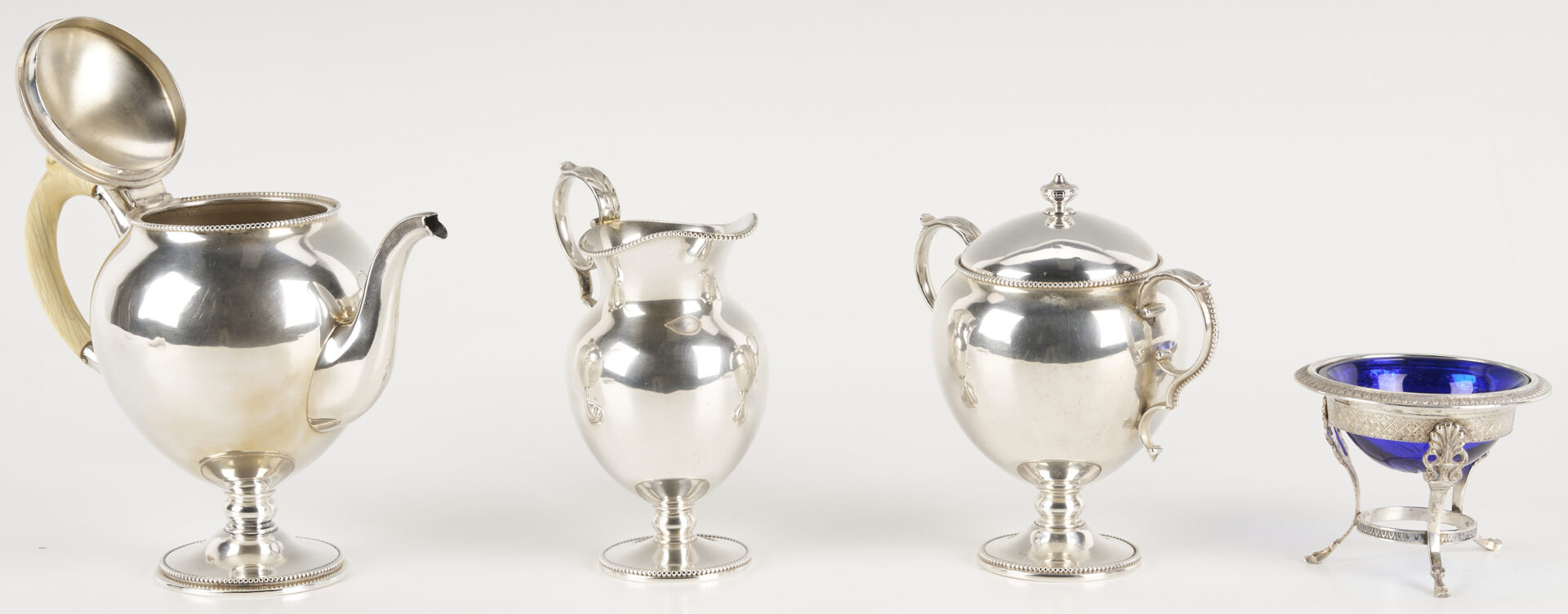 Lot 846: 3 pc Sterling Bachelor’s Tea Set plus Footed Salt
