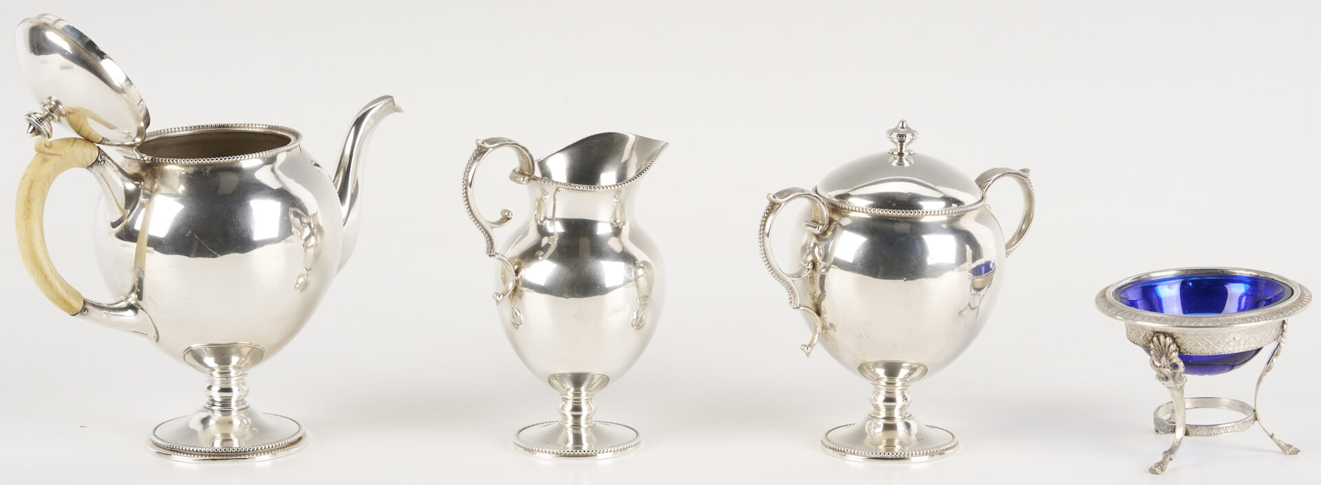 Lot 846: 3 pc Sterling Bachelor’s Tea Set plus Footed Salt