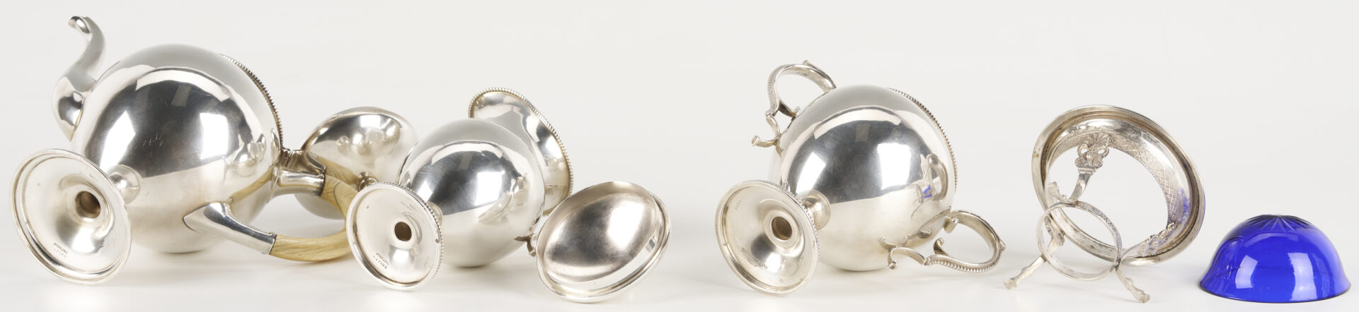 Lot 846: 3 pc Sterling Bachelor’s Tea Set plus Footed Salt