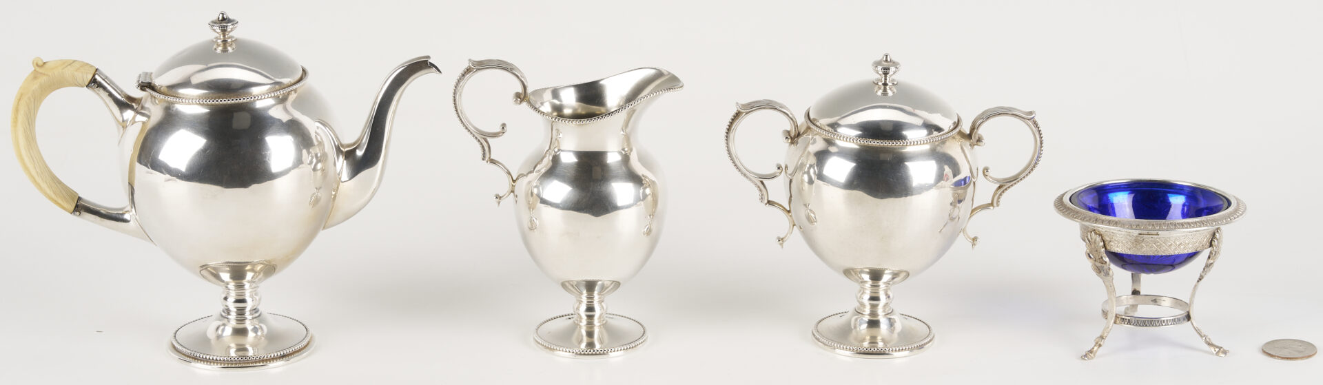 Lot 846: 3 pc Sterling Bachelor’s Tea Set plus Footed Salt