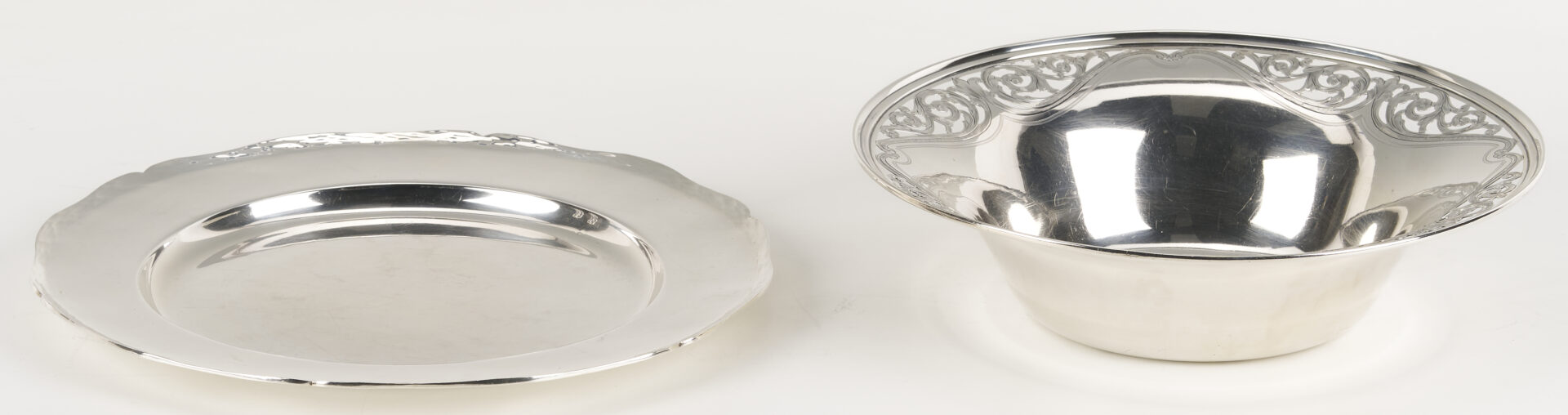 Lot 850: 1 Peruvian Silver Plate plus 1 Sterling 9″ Bowl with Pierced Rim