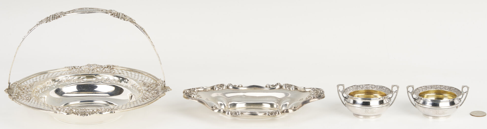 Lot 853: Antique Sterling Basket plus 2 Wood and Hughes Salts and Candy Bowl