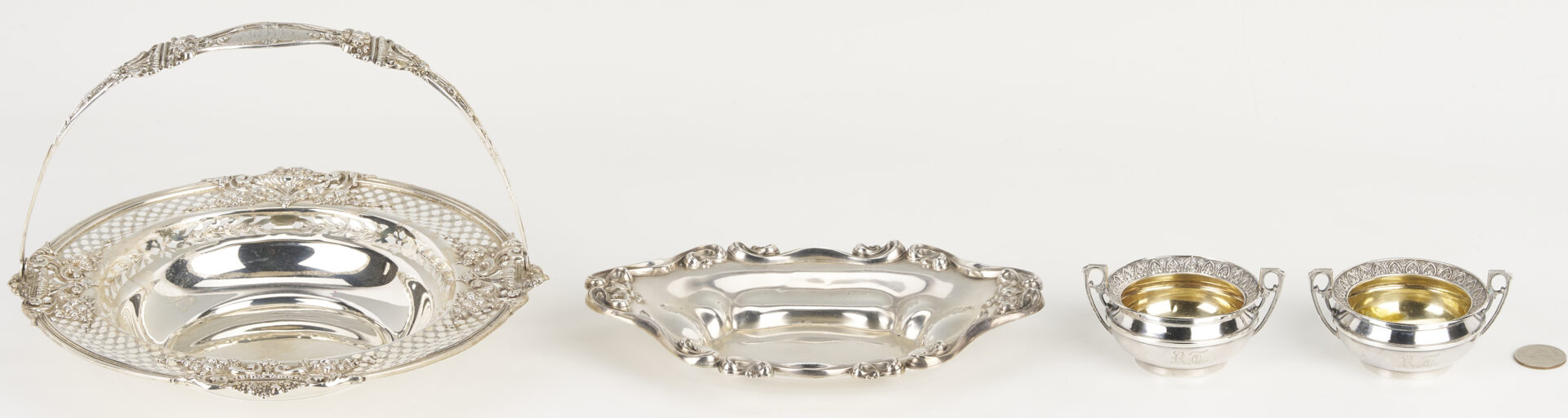 Lot 853: Antique Sterling Basket plus 2 Wood and Hughes Salts and Candy Bowl