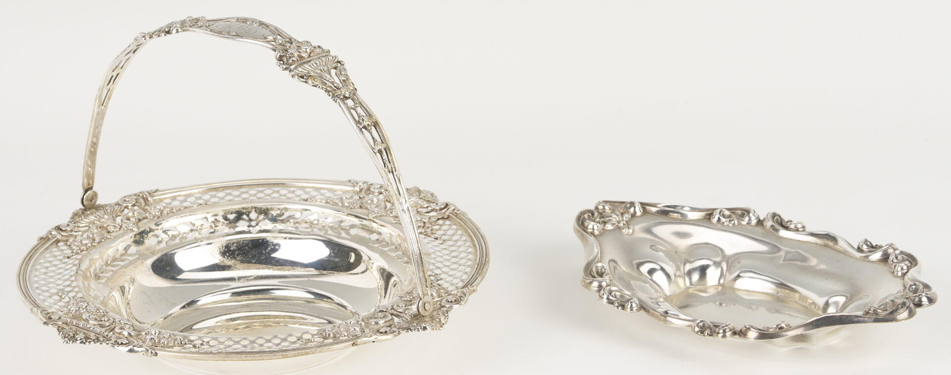 Lot 853: Antique Sterling Basket plus 2 Wood and Hughes Salts and Candy Bowl