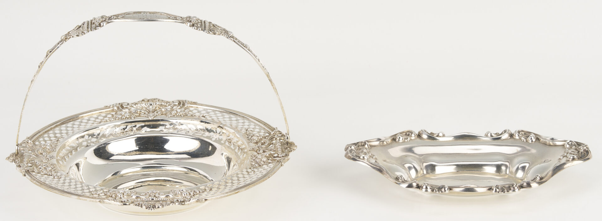 Lot 853: Antique Sterling Basket plus 2 Wood and Hughes Salts and Candy Bowl