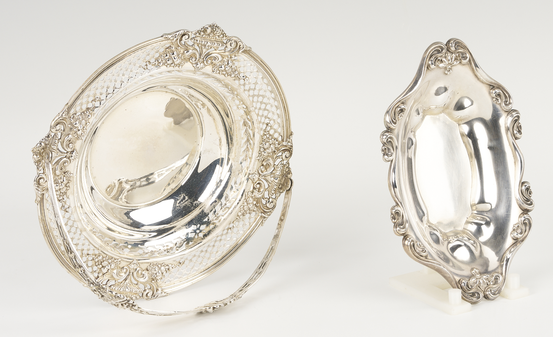 Lot 853: Antique Sterling Basket plus 2 Wood and Hughes Salts and Candy Bowl