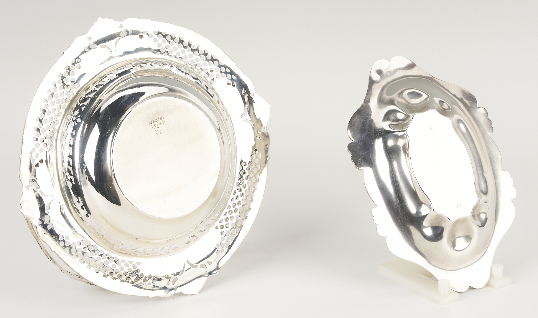 Lot 853: Antique Sterling Basket plus 2 Wood and Hughes Salts and Candy Bowl