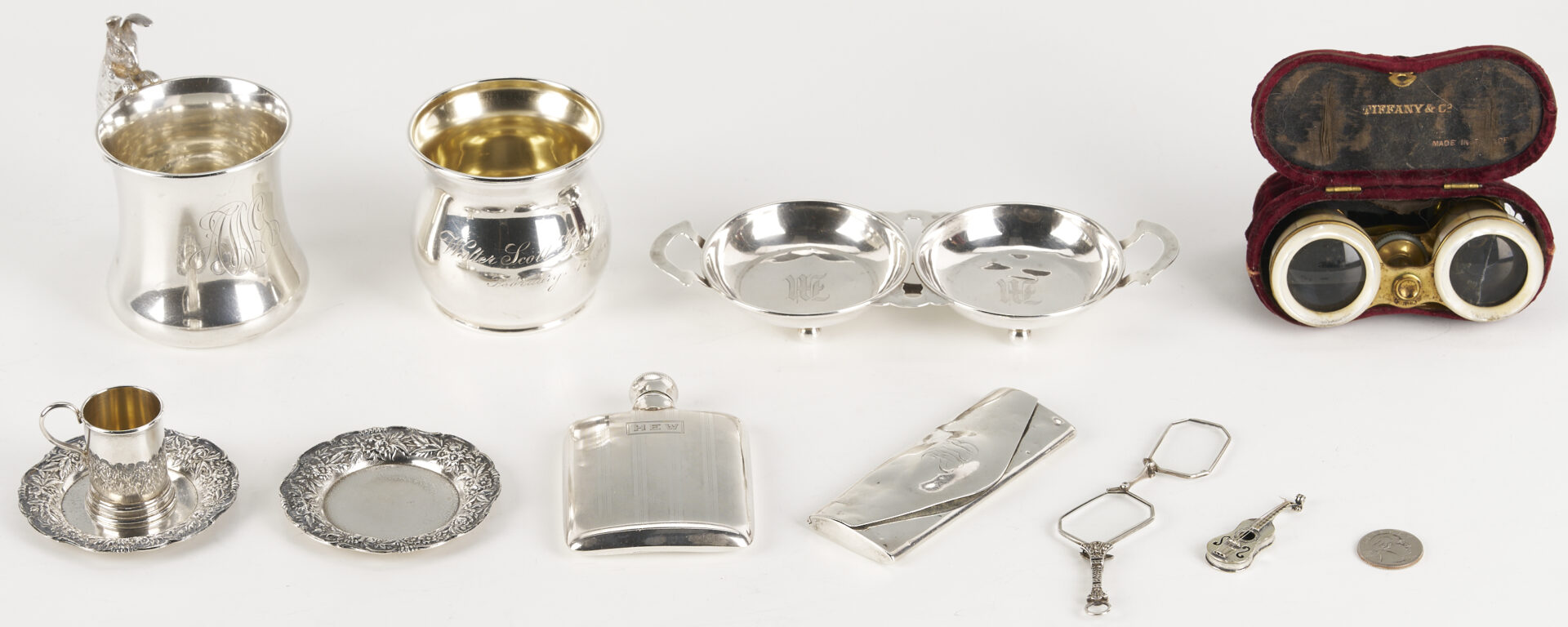 Lot 854: 9 Assorted Sterling Items plus Tiffany Opera Glasses & Lorgnette