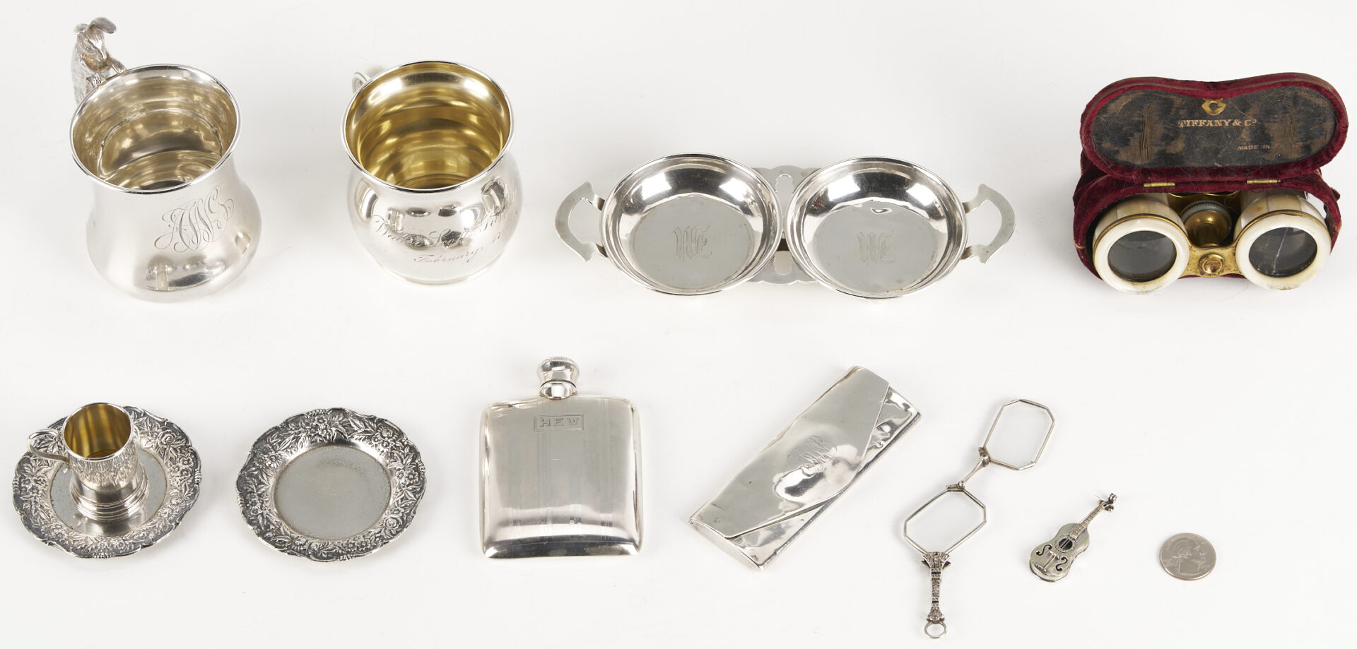 Lot 854: 9 Assorted Sterling Items plus Tiffany Opera Glasses & Lorgnette