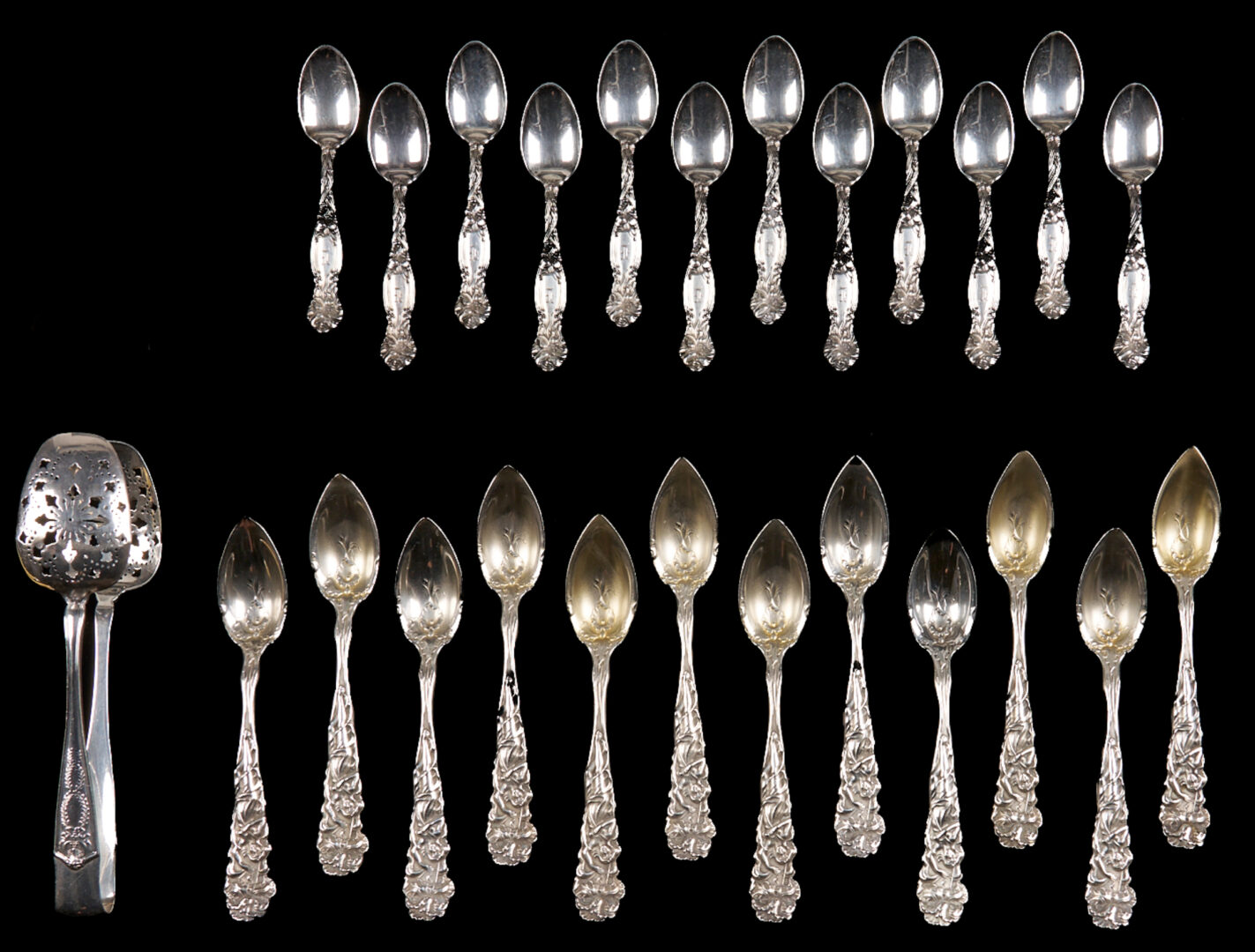 Lot 856: Tiffany Ice Tongs plus 24 Antique Silver Spoons