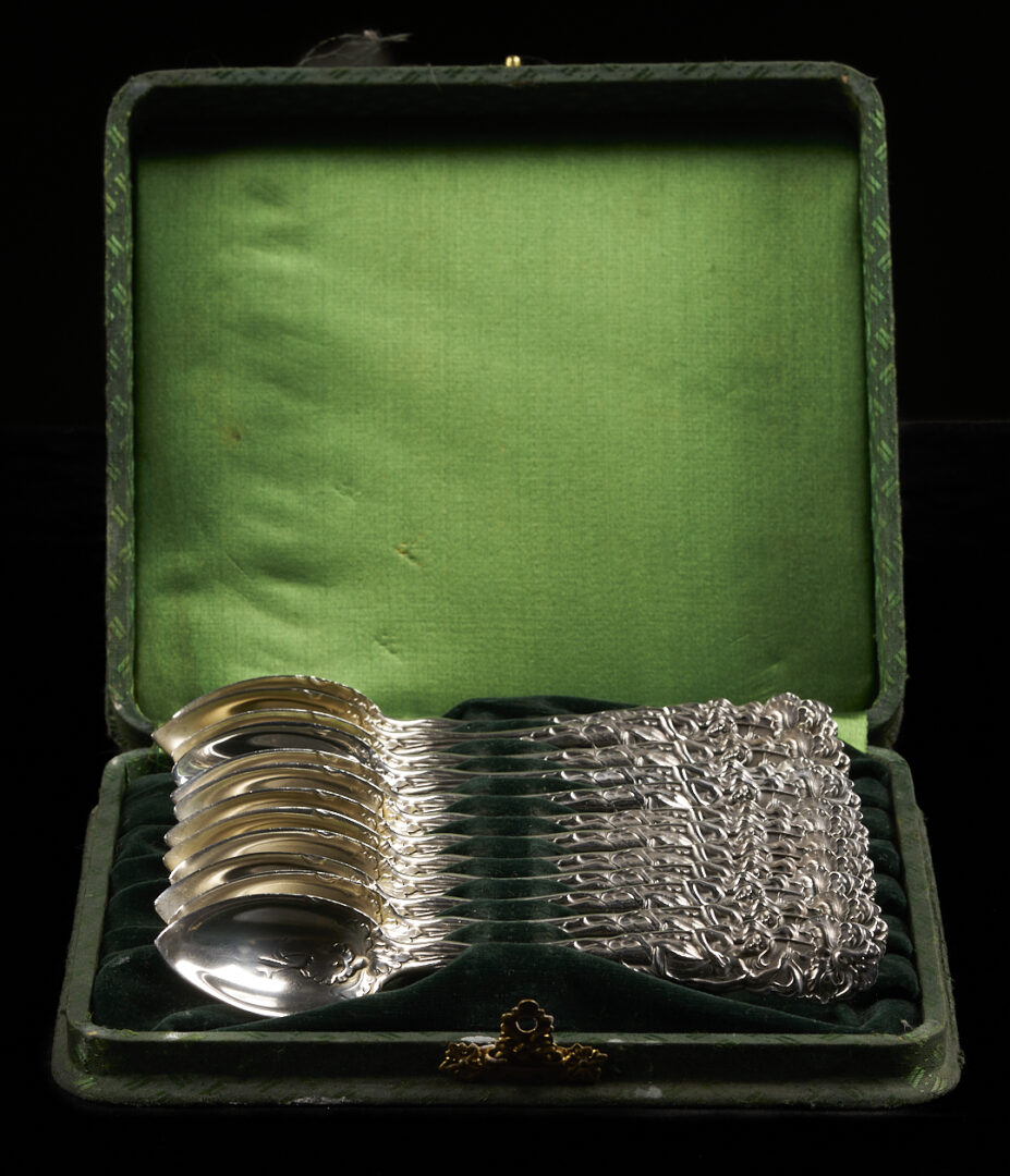 Lot 856: Tiffany Ice Tongs plus 24 Antique Silver Spoons