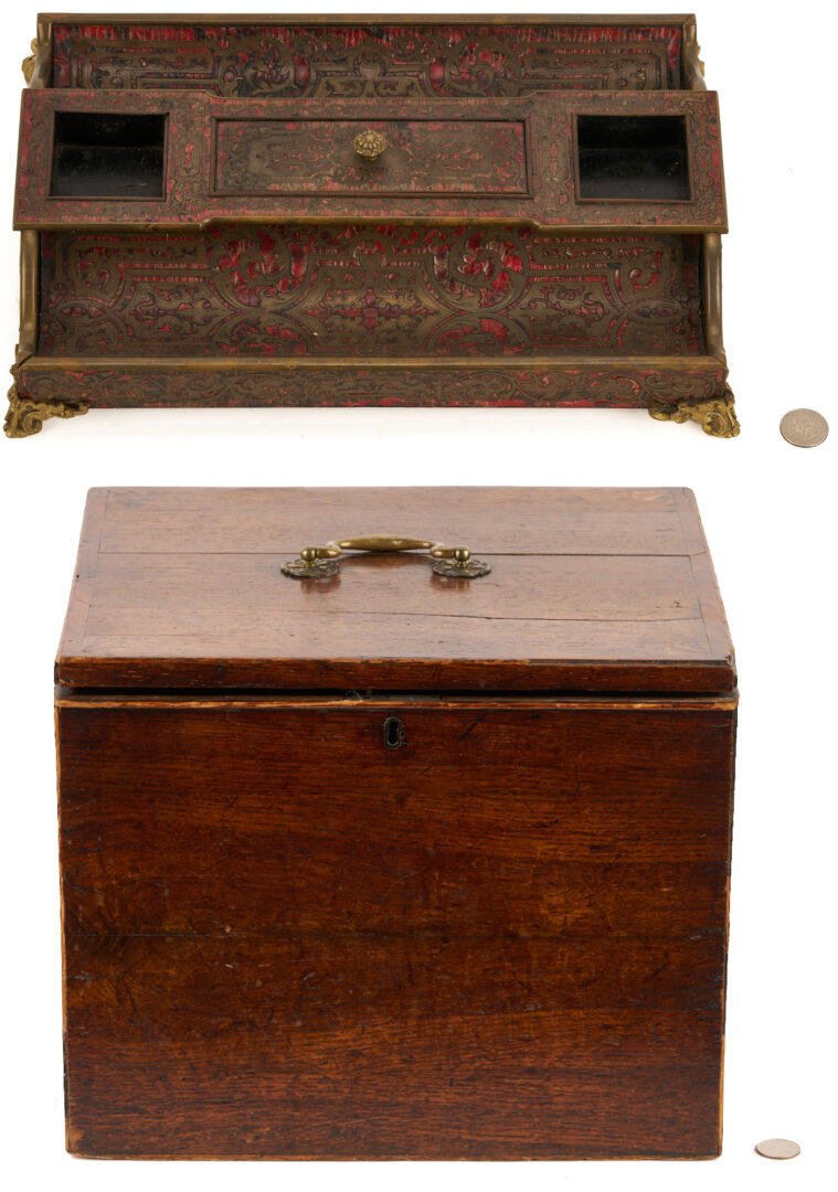 Lot 858: Boulle Marquetry Double Inkstand Plus Bottle Case