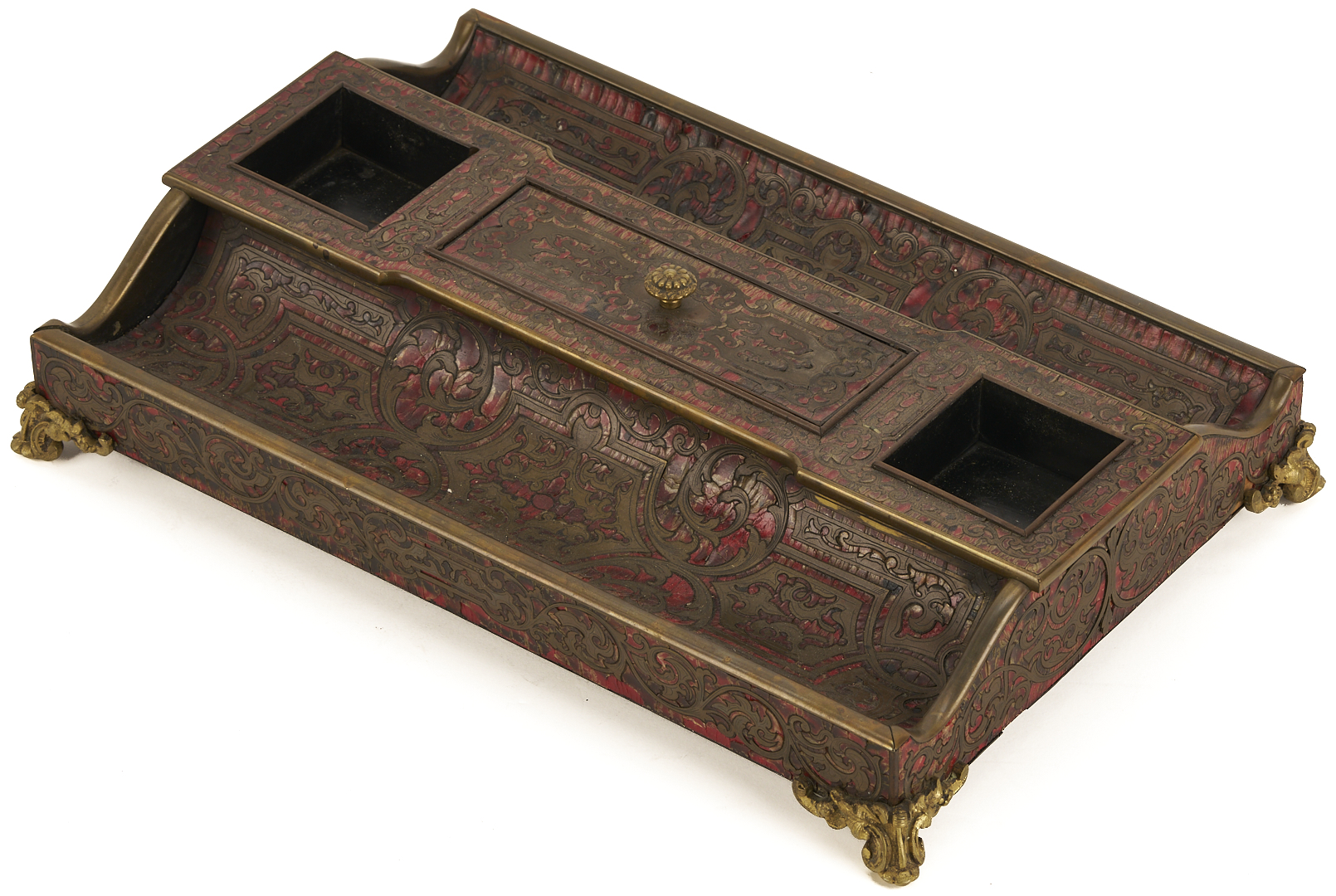 Lot 858: Boulle Marquetry Double Inkstand Plus Bottle Case