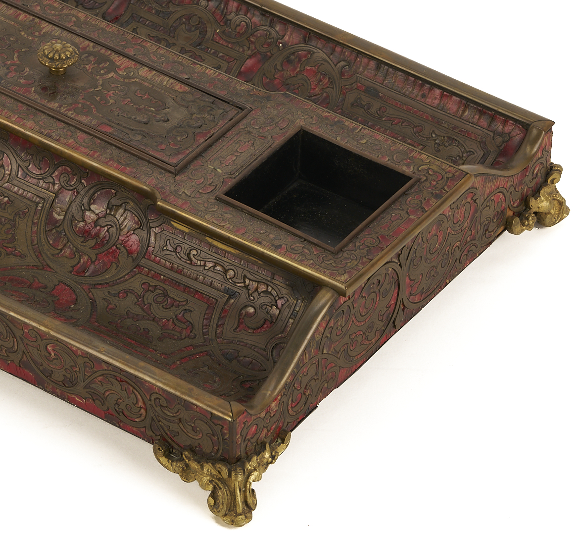 Lot 858: Boulle Marquetry Double Inkstand Plus Bottle Case