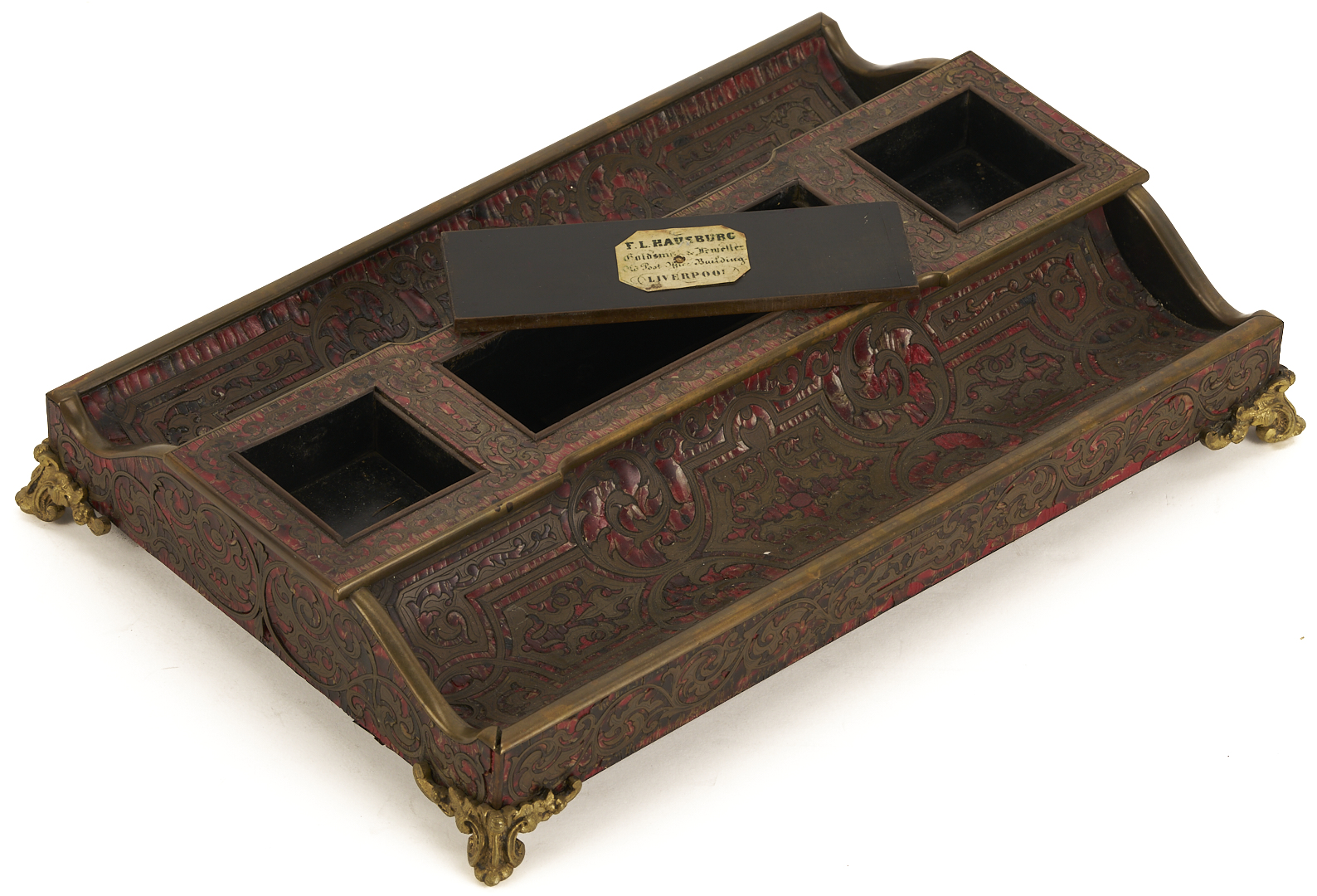 Lot 858: Boulle Marquetry Double Inkstand Plus Bottle Case