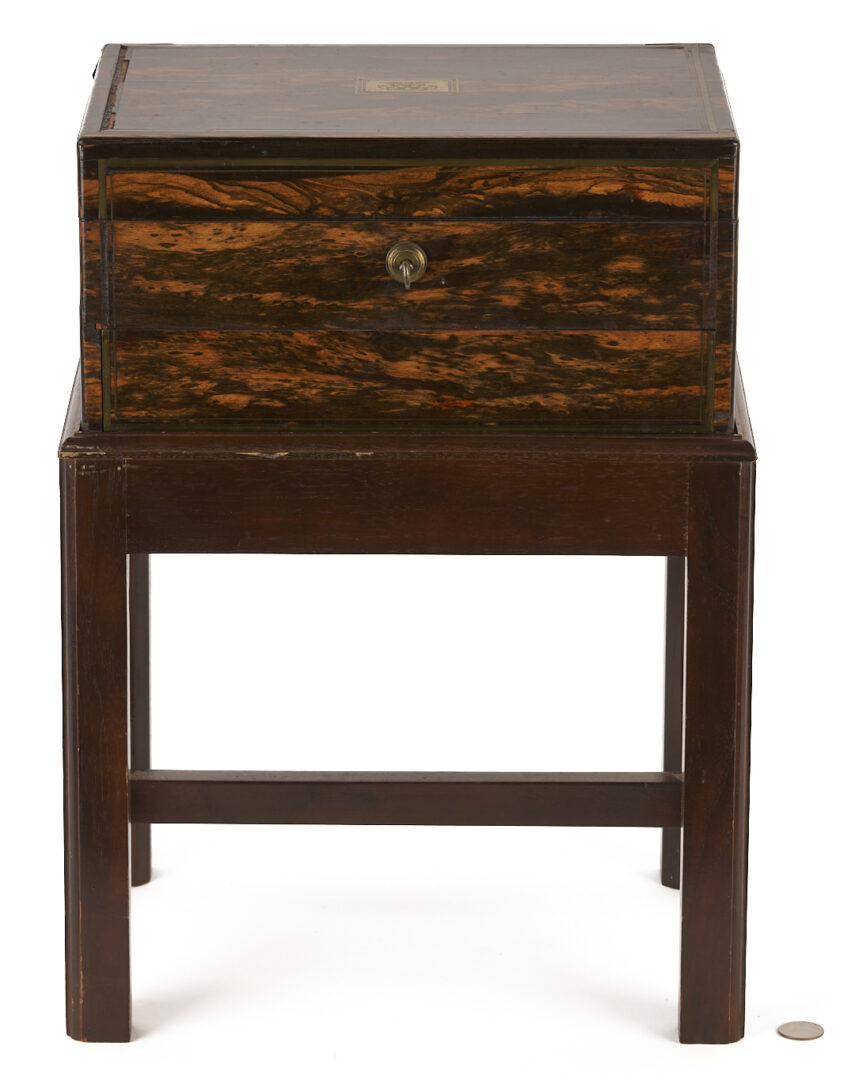 Lot 860: Toulmin & Gale Coromandel Sewing & Writing Box w/ Stand