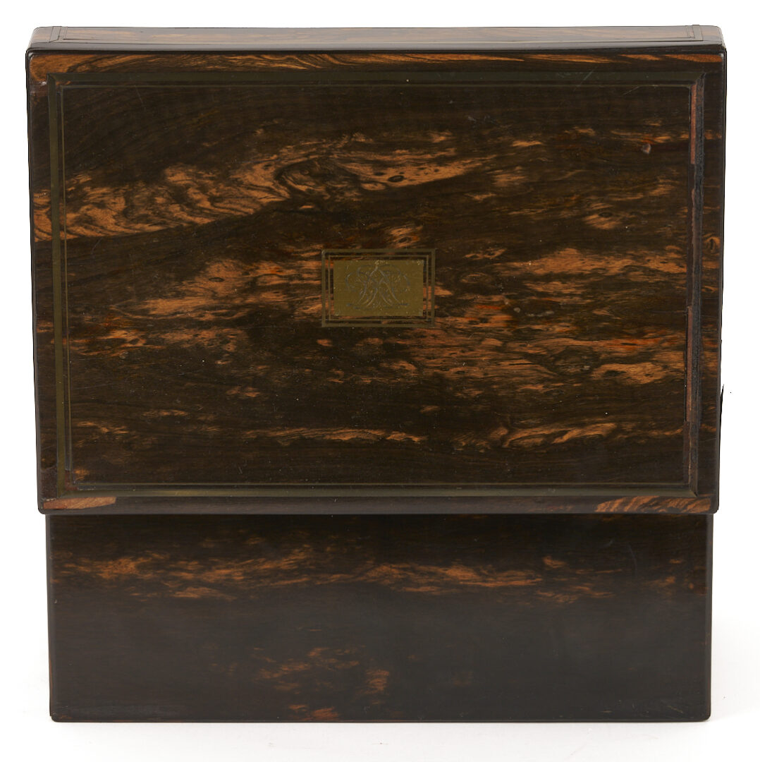 Lot 860: Toulmin & Gale Coromandel Sewing & Writing Box w/ Stand